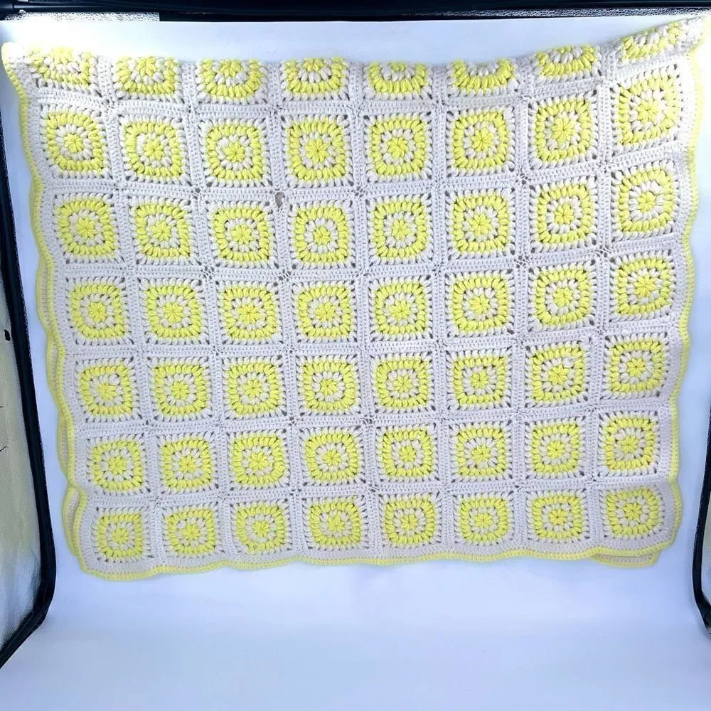 Vintage Handmade Large Afghan Blanket Yellow & White Camp Adirondack rustic 42 x
